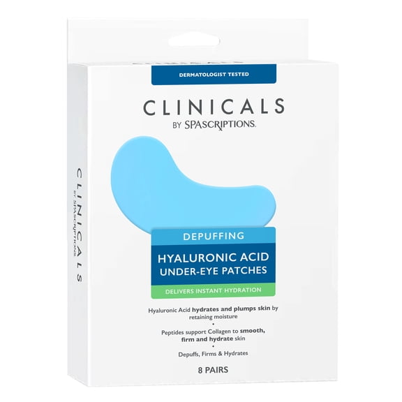 SpaScriptions Clinicals Depuffing Hyaluronic Acid Under Eye Patches for Puffy Eyes, Hydrogel Under Eye Mask with Peptides, 8 Pairs