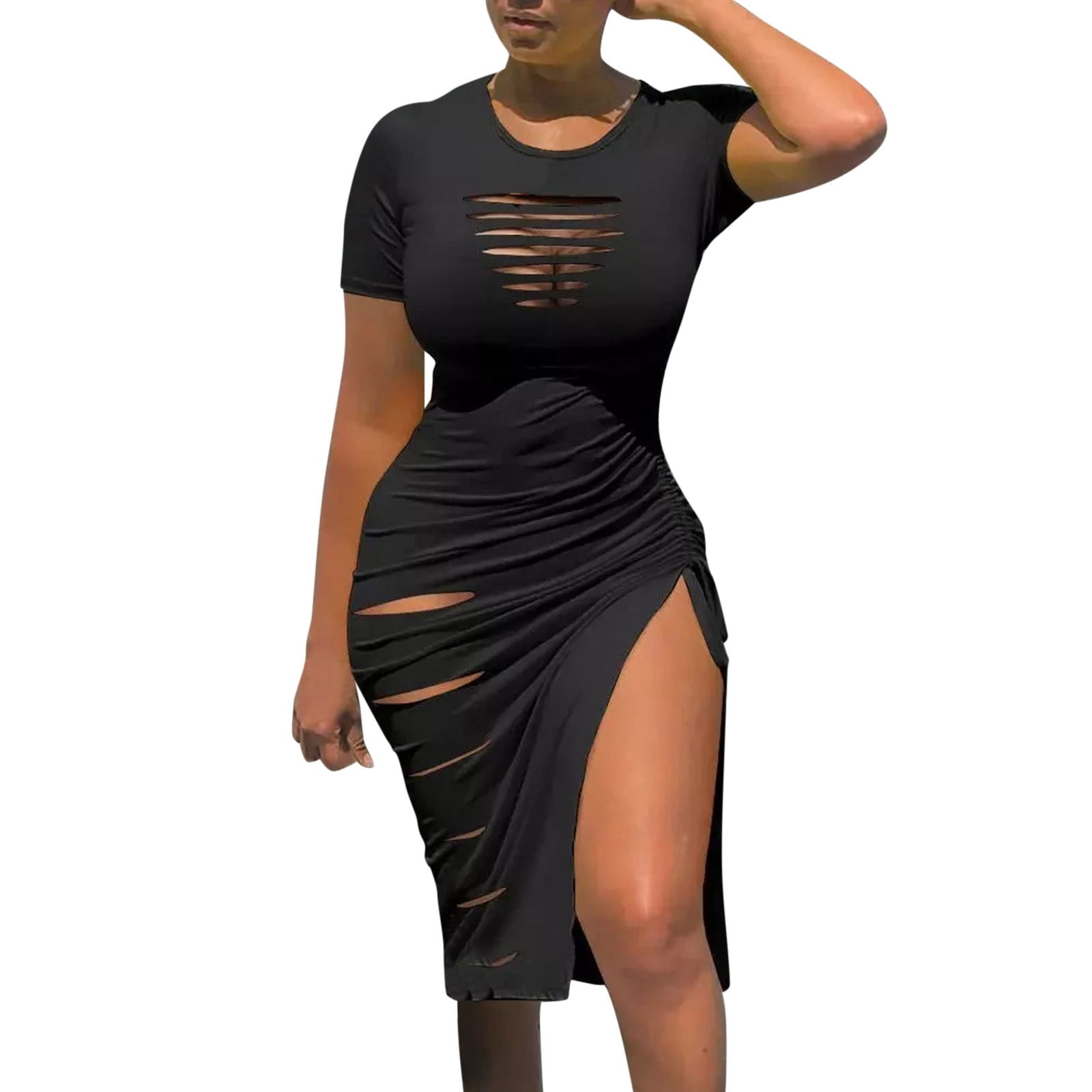 Womens Dress Dresses Summer Women s Hole Dress Spaghetti Drawstring Ruched Cocktail Evening Party Night Club Dresses Adult Female Clothes Black Size M Walmart