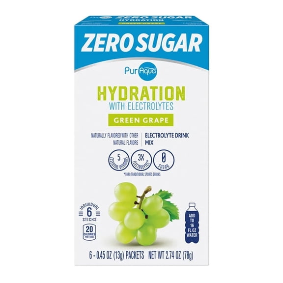PurAqua Green Grape Flavored Sugar Free Hydration Drink Mix Sticks, 6 Count
