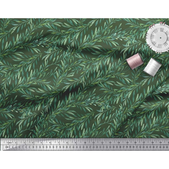 Soimoi Green Poly Georgette Fabric Laurel Leaves Printed Fabric 1 Yard 42 Inch Wide