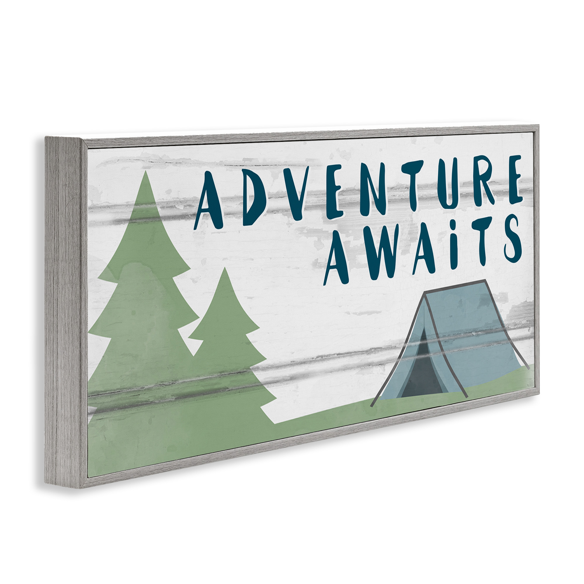 Stupell Industries Adventure Awaits Camping Scene Art for Kids Painting Gray Framed Art Print Wall Art, 24 x 10