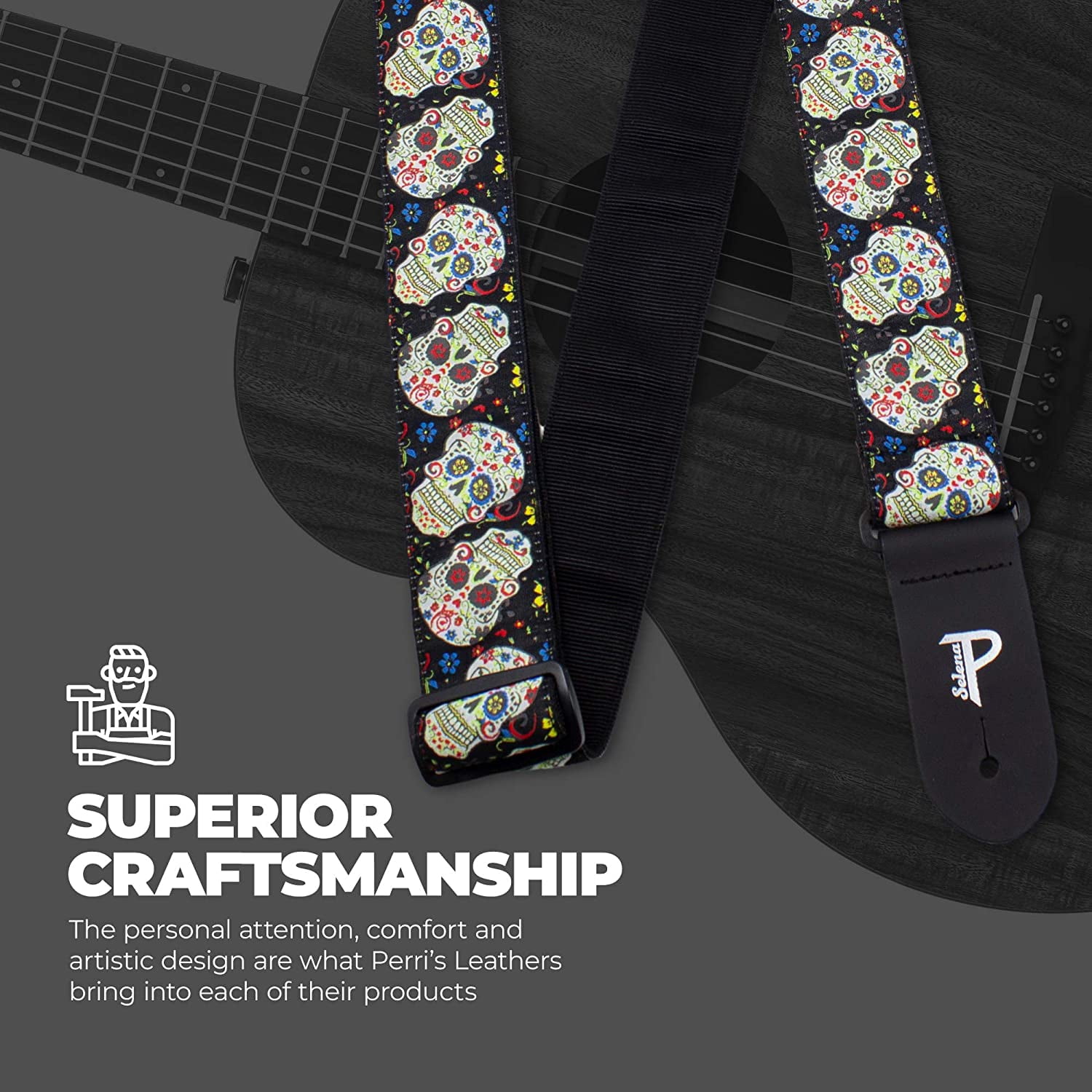 Perri's The Hope Collection by Selena 2" Jacquard Guitar Strap Happy Sugar Skulls w Black Background 2 in.
