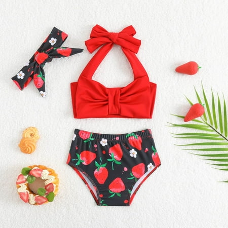 RTKFRFL Toddler Girl Swimsuit 2 Piece Strawberry Print Red Halter Bikini With Bow Beachwear Swimwear Bathing Suit