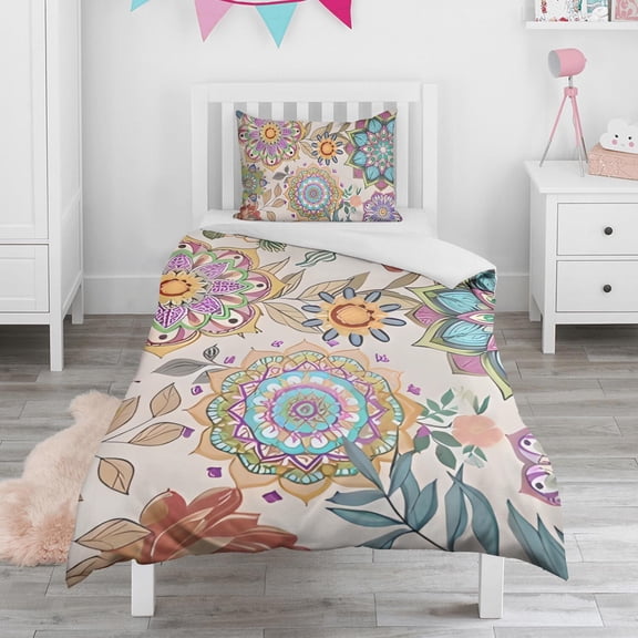 Boho Bohemia Pioneer Flower Duvet Cover and Pillowcase Set for Single Bedding, Bedroom Accessories for Kids Teens