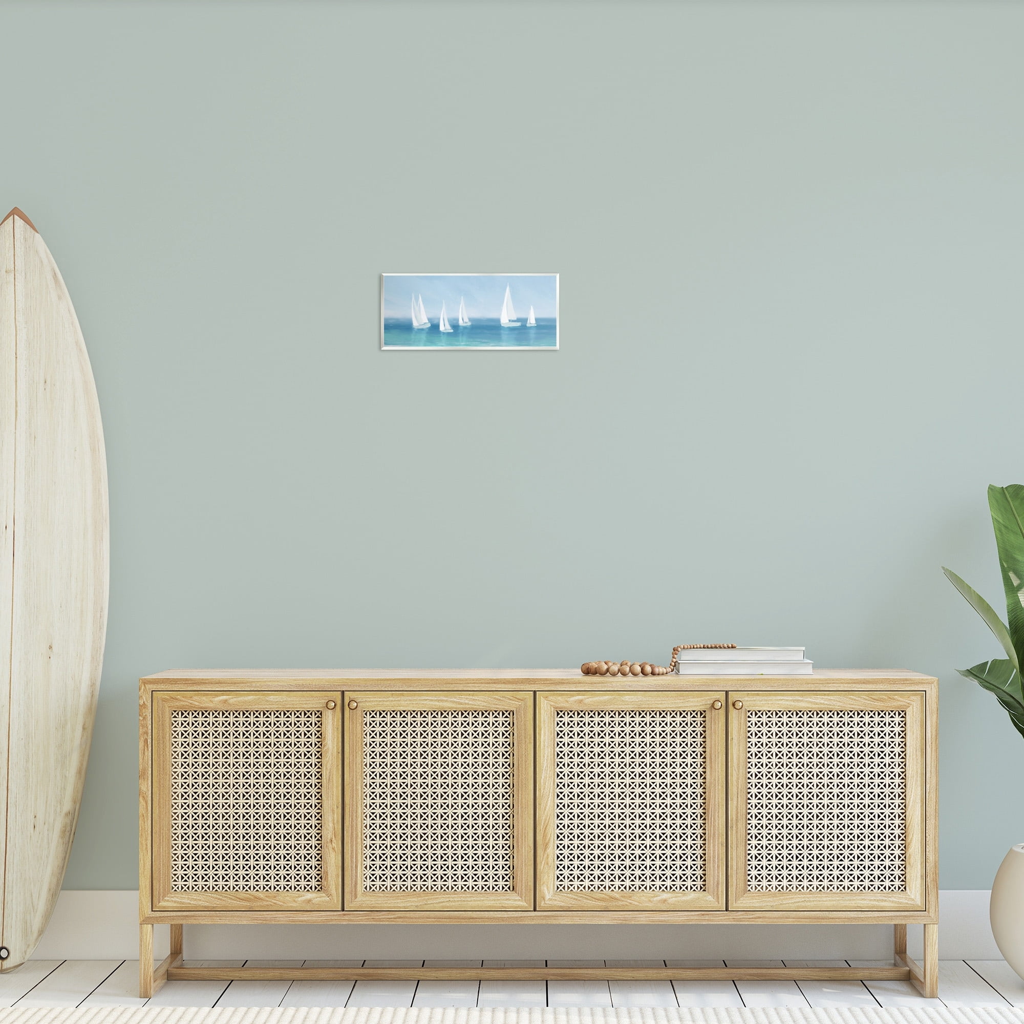 Stupell Industries White Sail Boats across Soft Blue Coast,7 x 17,Designed by Dan Meneely