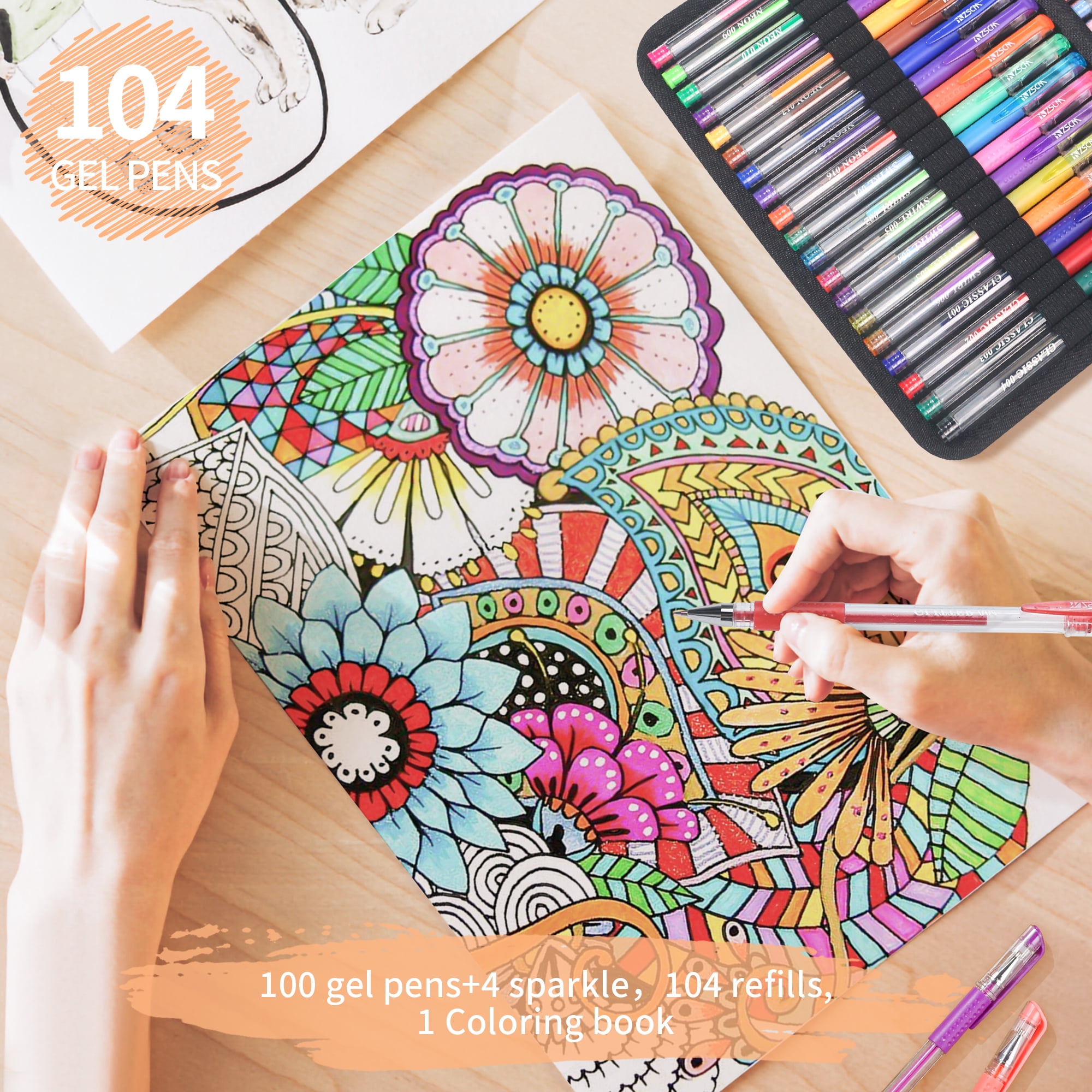 202 Pack Gel Pen for Adults Coloring Books, 104 Artist Pens Include 100 Colored Pens, 4 Metallic Sparkle Pens With 98 Refills for Drawing Journaling