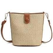 BAD PIGGIES BadPiggies Women Straw Bucket Shoulder Bag Summer Beach Handbag Woven Zipper Purse (Brown)