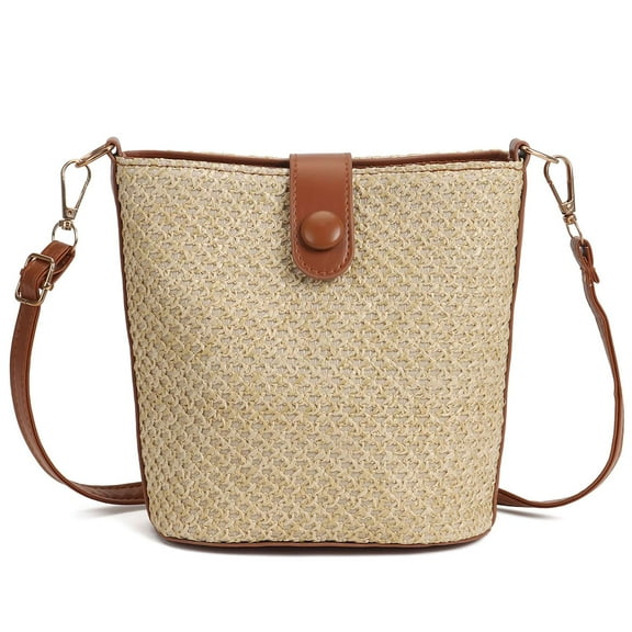 BadPiggies Women Straw Bucket Shoulder Bag Summer Beach Handbag Woven Zipper Purse (Brown)