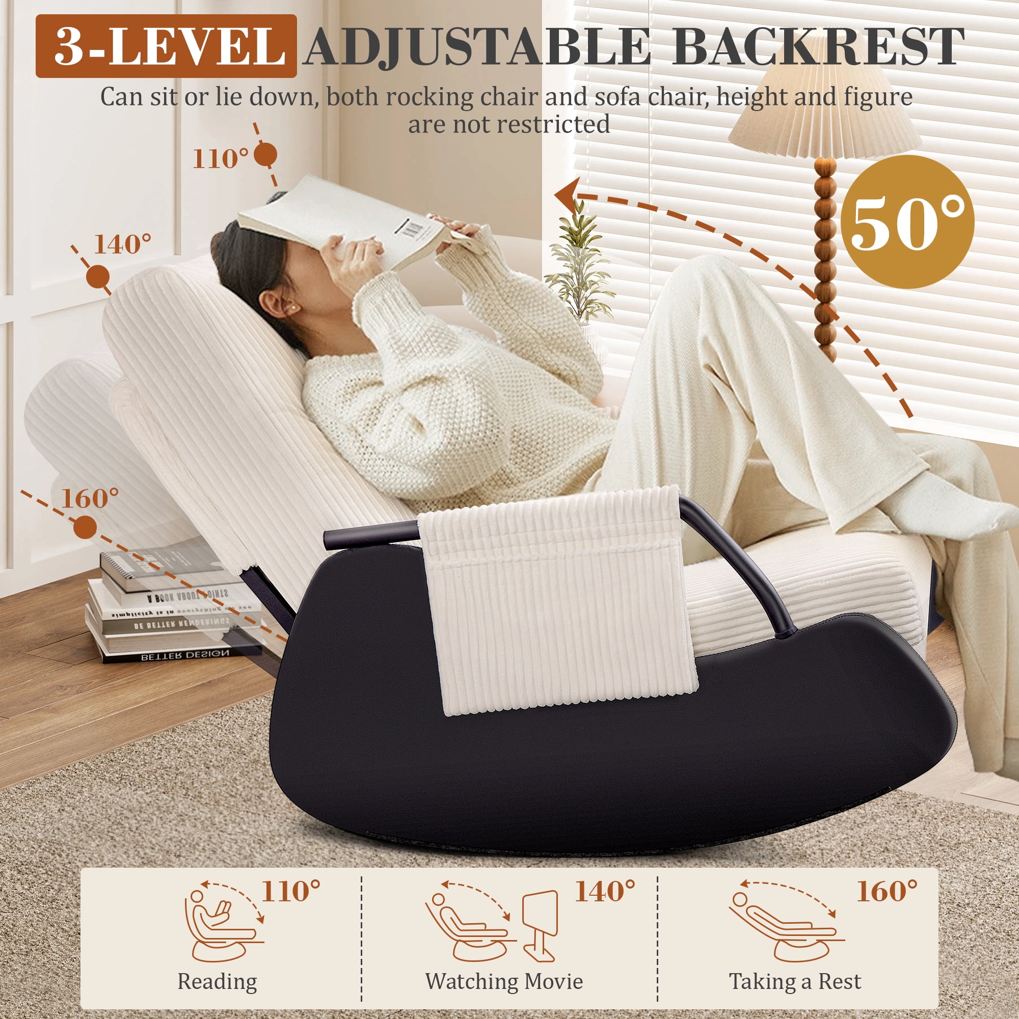 Primy Nursery Rocking Chair, Low-Seat Glider Chair, Upholstered Rocking Accent Chair Recliner with Side Pocket and Foot Rest for Mom Nursery Living Room Bedroom