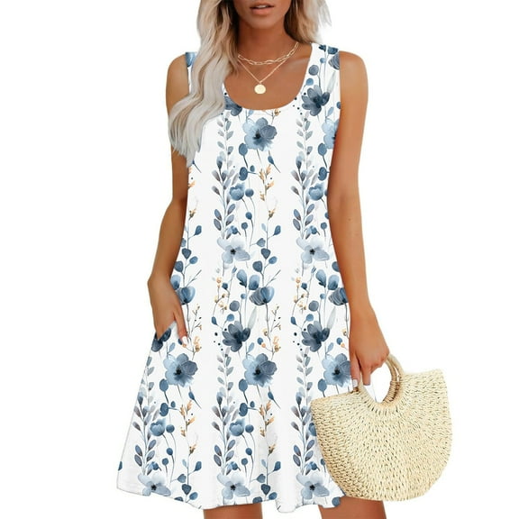Women's Summer Dresses Women Casual Loose Summer Printed Dress Sleeveless V-neck Top/shirt Set C White L