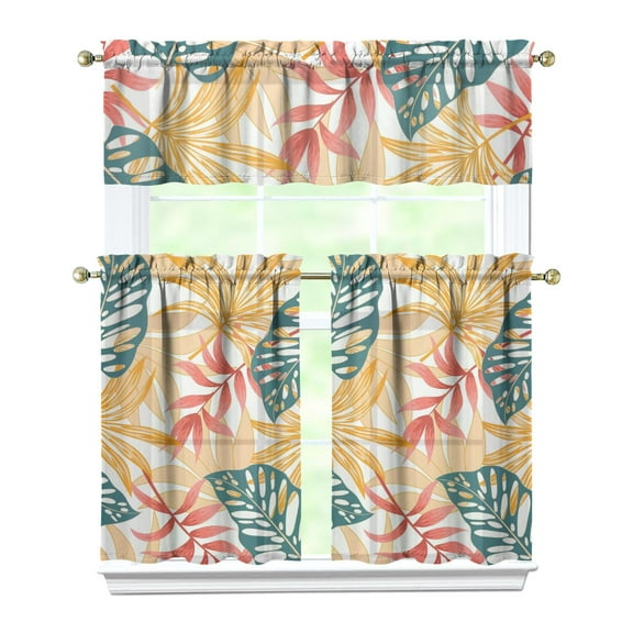 Kitchen Curtains 36 Inch Short - 3 Panel Set, Rod Pocket Window Curtain with Tropical Leaf Botanical Print, 100% Polyester for Farmhouse, Cafe, Kitchen, Bedroom, Easy Wash