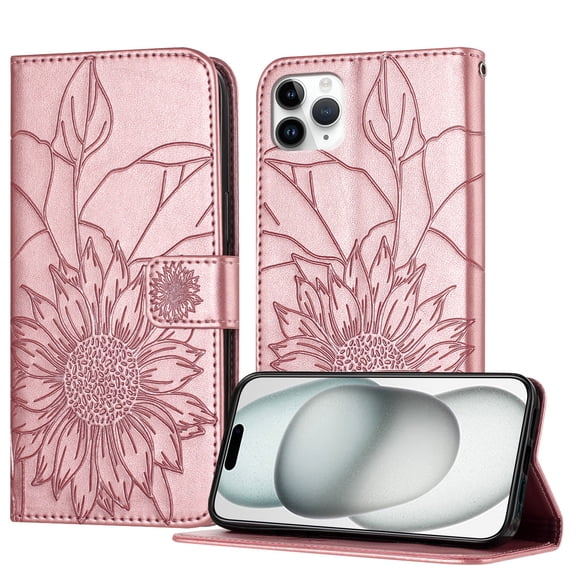 ELEHOLD Case for iPhone 11 Pro Max, Sunflower Embossed Leather Wallet Case with Magnetic Closure & Kickstand,Rosegold