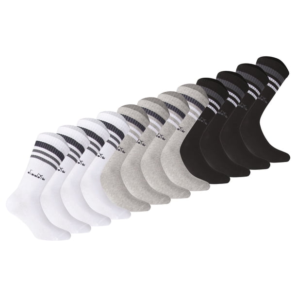 Calcetines de Tenis Unisex Diadora - Paquete de 12, Logotipo, Rayas Negro/Gris/Blanco 39-42