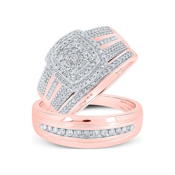 10kt Rose Gold His Hers Round Diamond Square Matching Wedding Set 3/4 Cttw