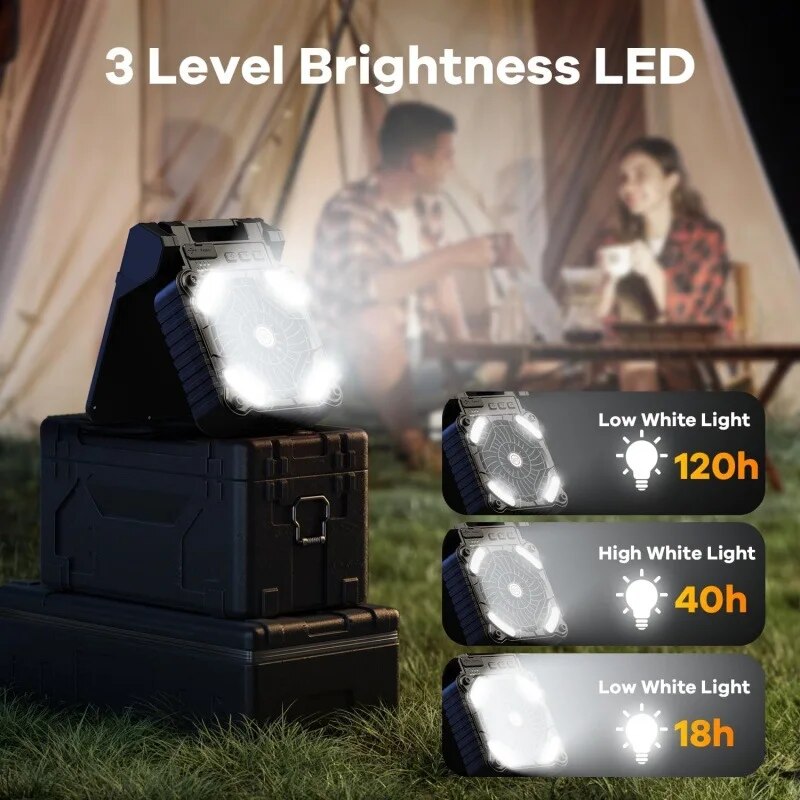Solar Powered Fan for Camping- Camping Fan with 10000 mAh Rechargeable Battery and LED Lantern, Timer and 4 Speeds Battery Powered Outdoor Fan for Travel, Fishing, Outdoor, Bedroom