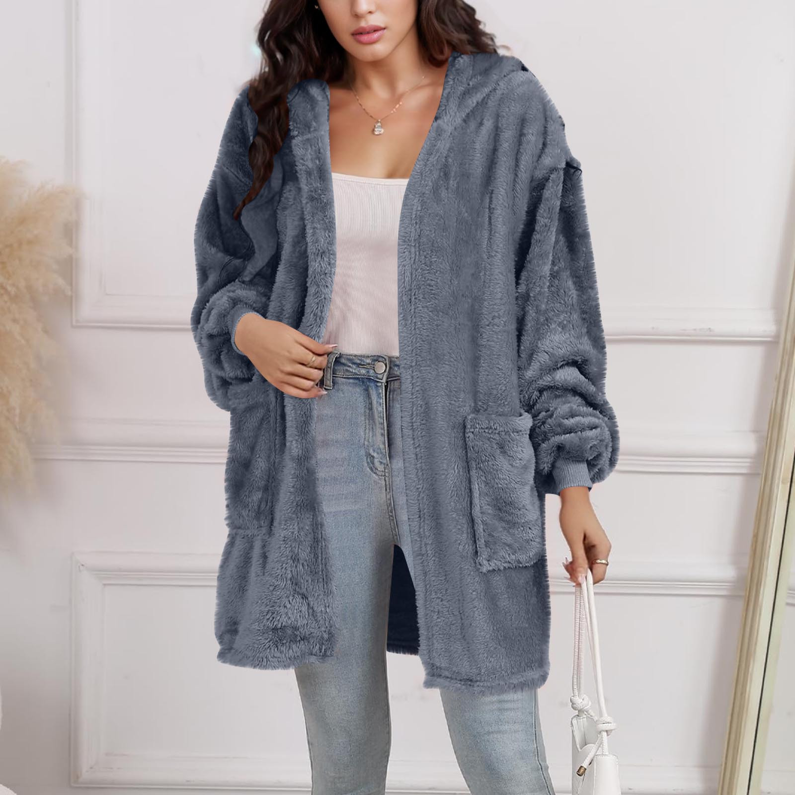 Women and Men Hooded Fuzzy Cardigan, Unisex Oversized Loungewear Fuzzy Fleece Blanket Hoodie Outwear Jacket with Pockets Gray L