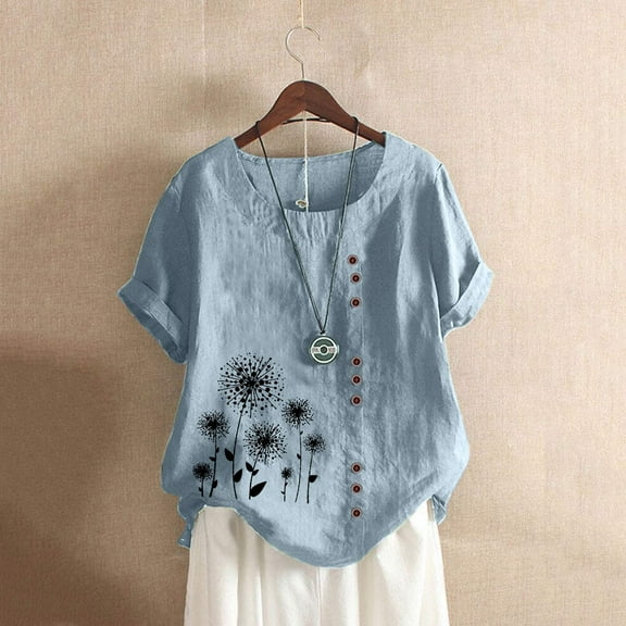 Alllist Short Sleeve Going Out Tops for Women Cotton And Linen Scoop Neck Floral T-Shirts Womens Blouses