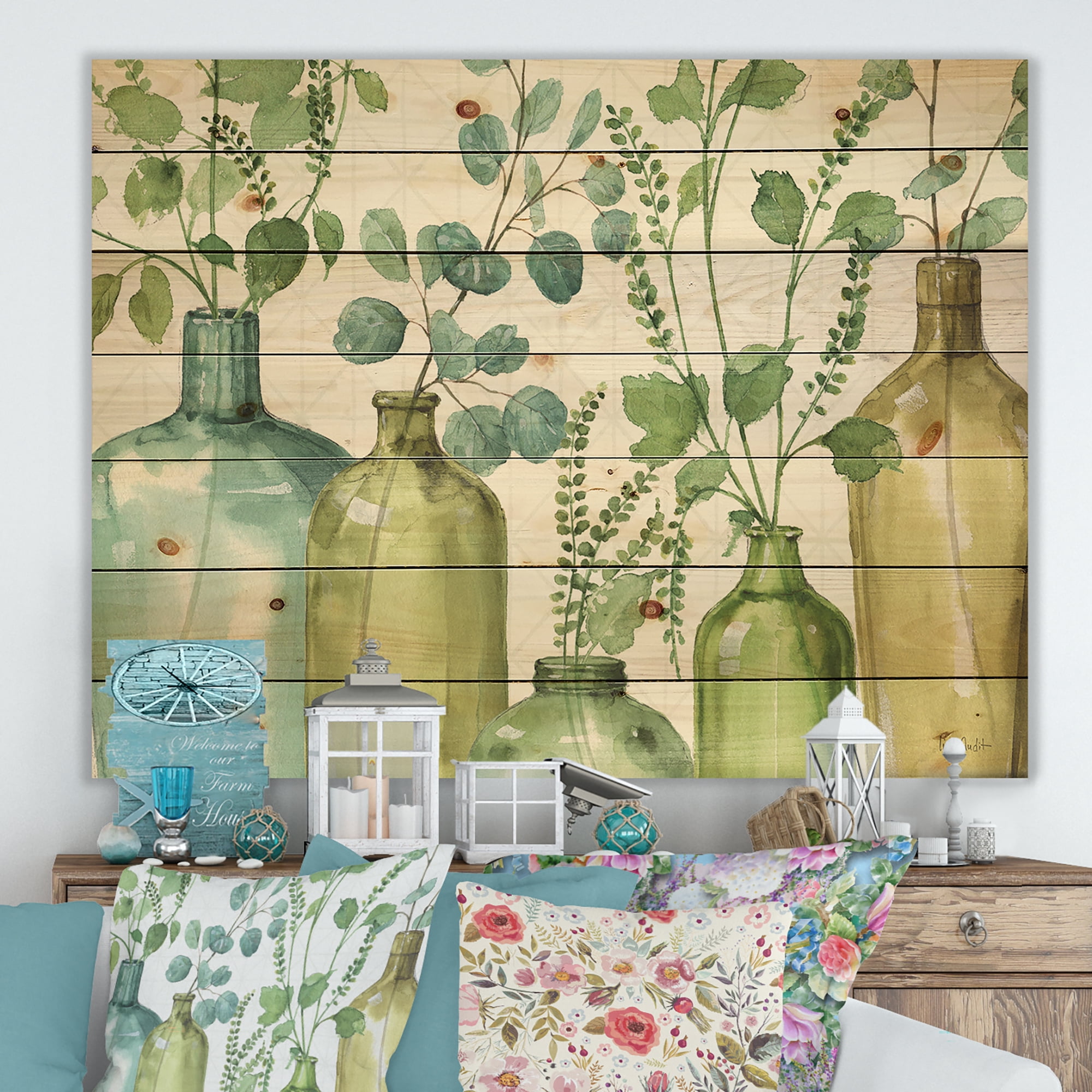 Designart 'Mixed Botanical Green Leaves I0' Cottage Print on Natural Pine Wood