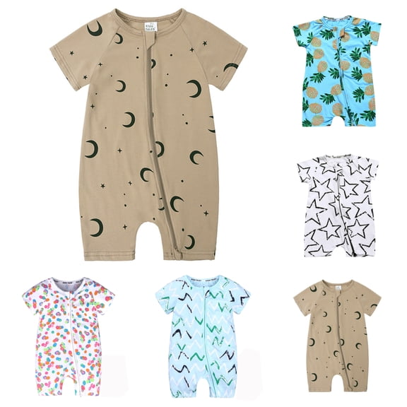 Einccm Unisex Baby Short Sleeve Romper - Soft German Velvet Jumpsuit with Easy Front Zipper and Moon Star Print - Breathable Summer Thin Crawler Pajamas for Infants and Toddlers 3-36 Months