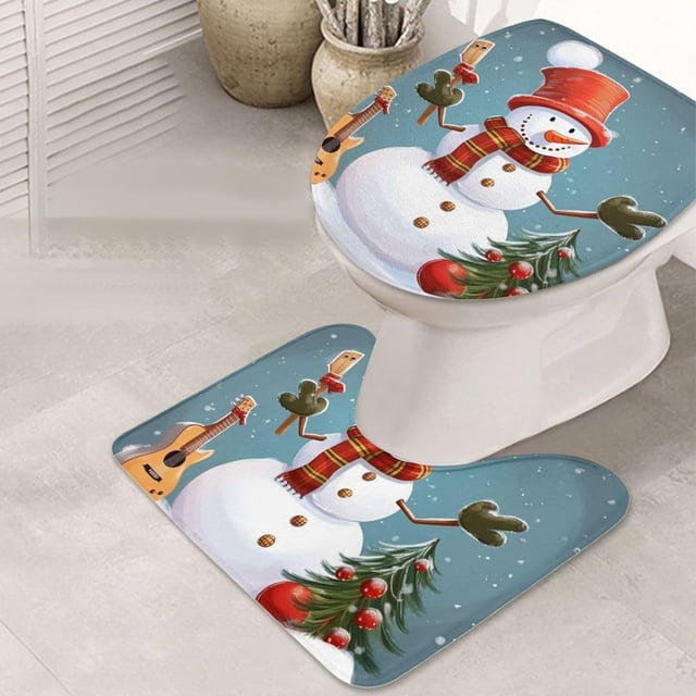 Aufmer 2 Pcs Christmas Bathroom Mat Set, Festive Toilet Floor Mats, Non Slip Holiday Decor, Washable Polyester Bath Rug(Multicolor)