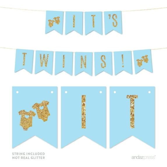 Baby Blue Gold Glitter It´s Twins Pennant Party Banner