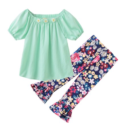 

CHGBMOK Clearance Toddler Baby Girls Fashion Cute Flowers Print Short Sleeve Flared Pants Suit