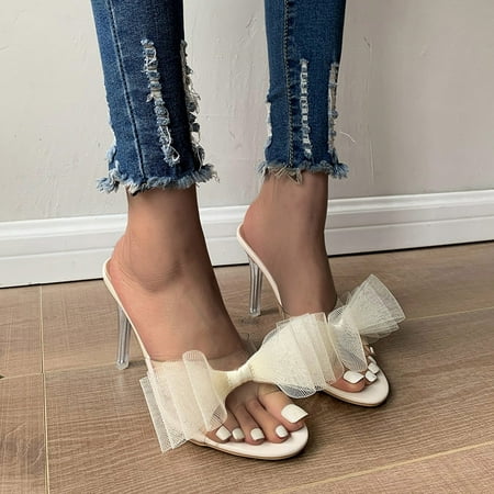 

Ladies Fashion Transparent PVC Bowknot Mesh Decorative Thin High Heels Sandals