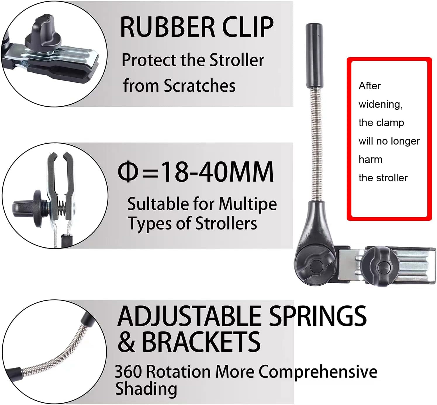 Pram  with Adjustable Clamp, UPF 50+ -Proof Parasol for Strollers