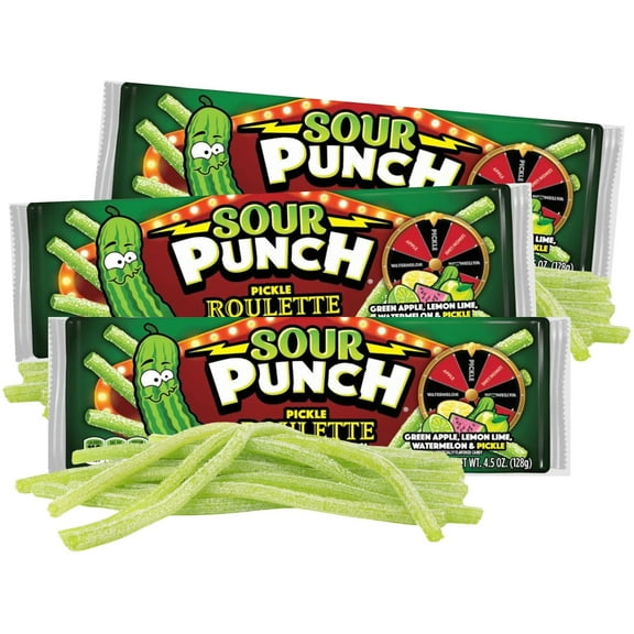 Sour Punch Straws Pickle Roulette, Birthday Party Candy, Pack of 3, 4.5 Ounces per Pack