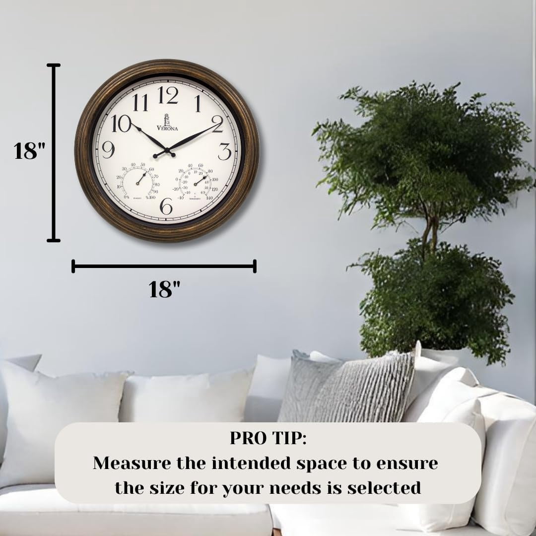Outdoor Clock for Patio Large Waterproof with Thermometer - 18 inch Indoor Outdoor Wall Clock with Temperature and Humidity Combo - Weatherproof, Accurate & Easy to Read for Pool, Garden & Home Decor