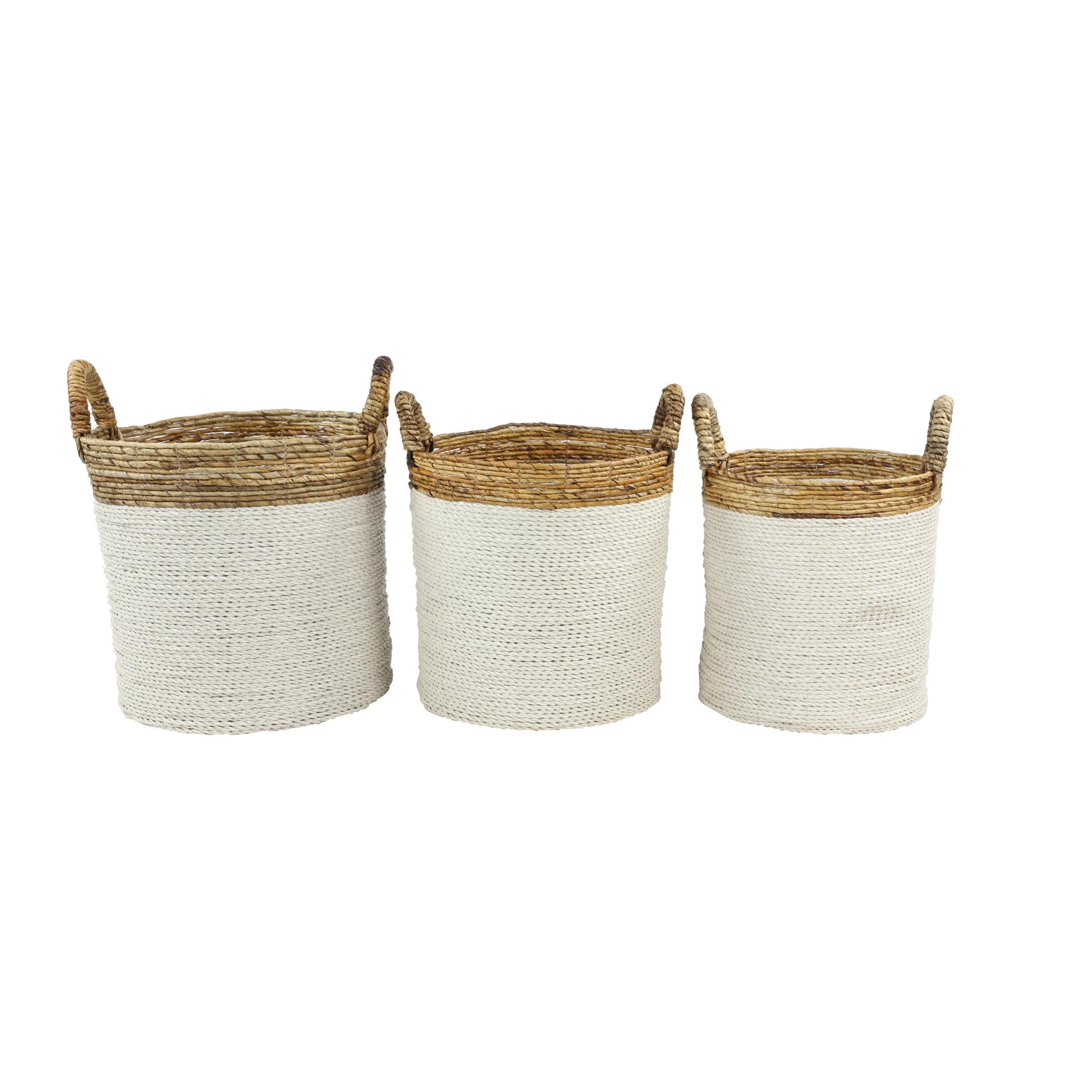 DecMode 16", 14", 13"W White Seagrass Handmade Two Toned Storage Basket with Handles, 3-Pieces