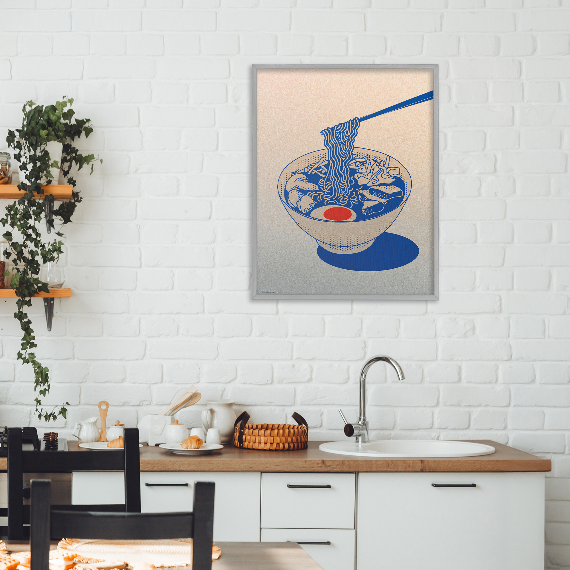 Ramen Noodle Bowl Gradient Gray Framed Giclee Art, design by Seven Trees Design