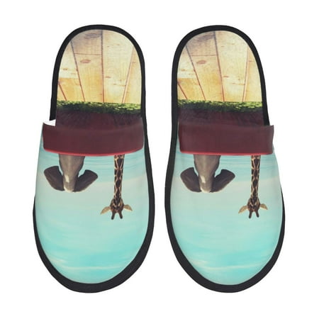 

Qekee Elehpant And A Giraffe Looking At The Sea Print Furry Slippers for Women and Men House Slipper Funny Bedroom Slippers Indoor -Medium