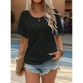 thumbnail image 2 of Women'S Eyelet Embroidery Short Sleeve Shirt Button Back Crew Neck Loose Casual Knit Basic Tops Black XL, 2 of 6