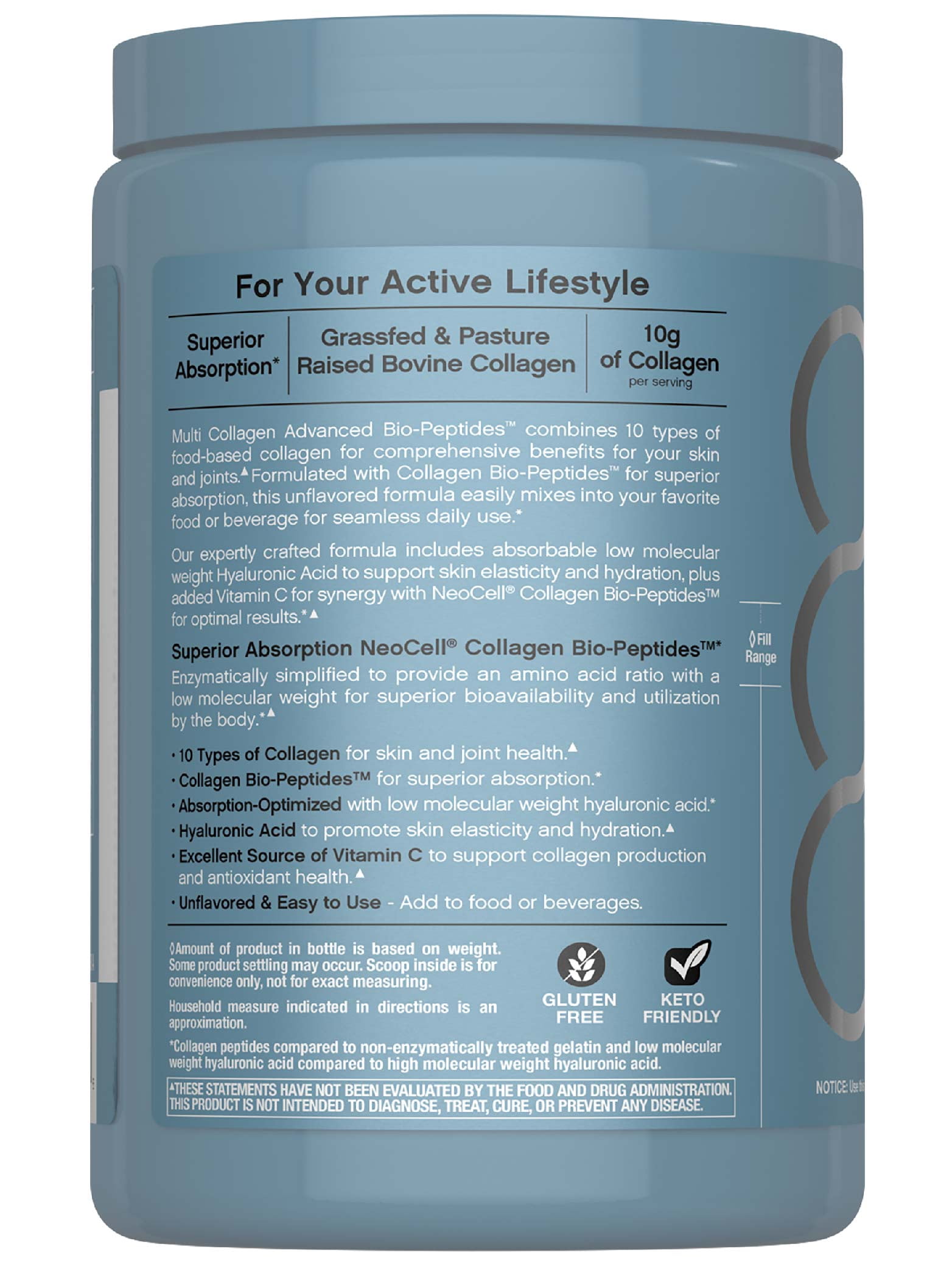 Multi Collagen Bio-Peptides Powder | 22oz with Hyaluronic Acid and Vitamin C | Grass fed Protein Supplement | by NeoCell