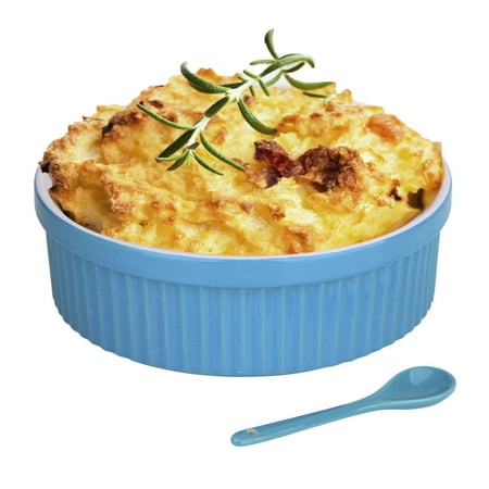 Souffle Dish Ramekins for Baking – 32 Oz, 1 Quart Large Ceramic Oven Safe Round Fluted Bowl with Mini Condiment Spoon for Soufflé Pot Pie Casserole Pasta Roasted Vegetables Baked Desser