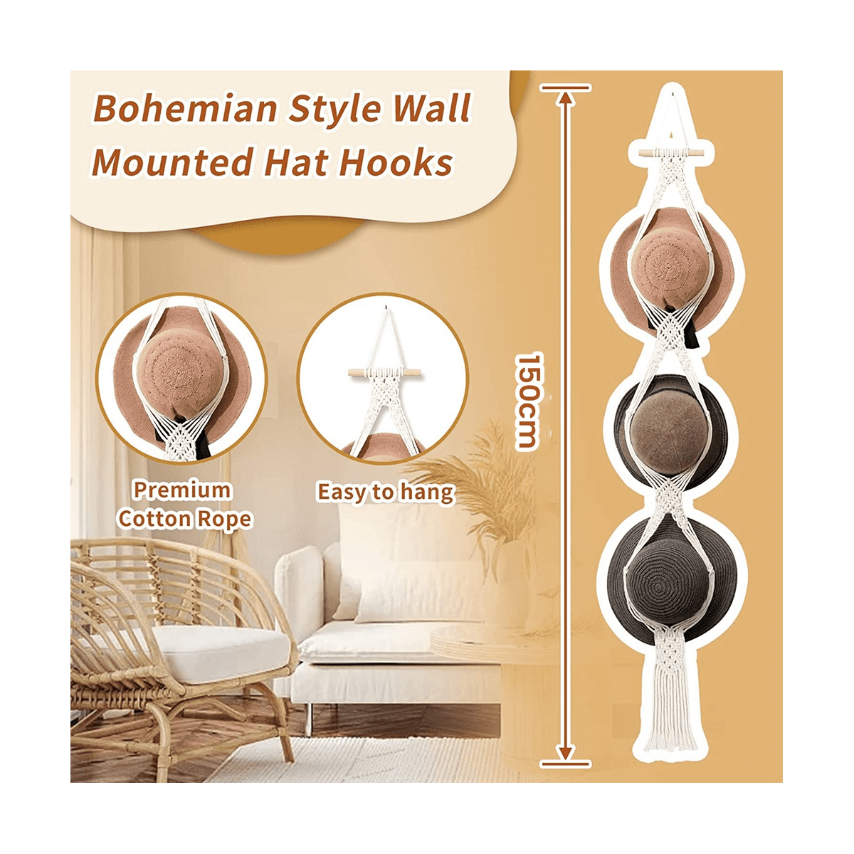 Boho Macrame Hat Hangers For Wall | 2-Hole Hat Organizer With Adhesive Hook | Decorative Cap Holder For Wide Brim Hats