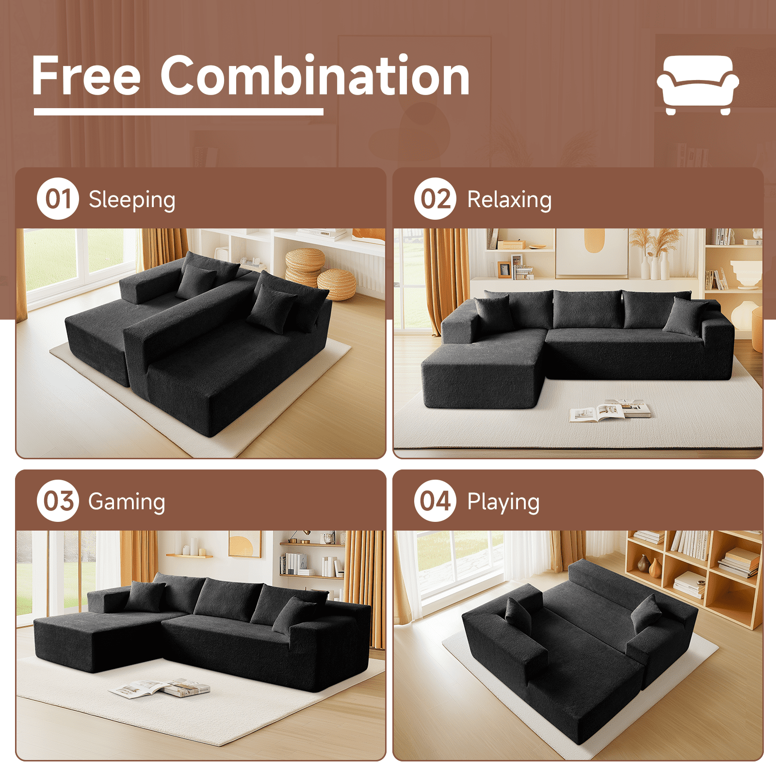 104" Sectional Sofa, L-Shaped Modern Modular High-Density Sponge Corner Sofa with Chaise Lounge & Pillows, Upholstered Cloud Couch for Living Room Bedroom Apartment