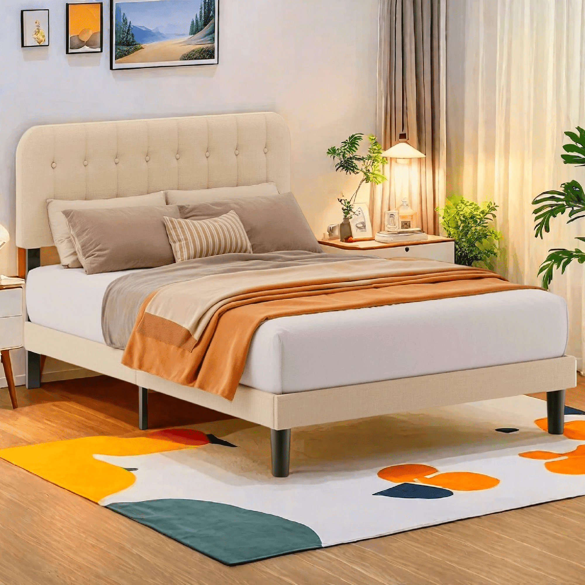 Lofka Queen Bed Frame with Upholstered Headboard - Beige Fabric, Modern Bedroom Furniture