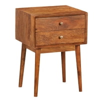 Nali Bedside Nightstand Table, 2 Drawers, Natural Brown Mango Wood, Brass Knobs