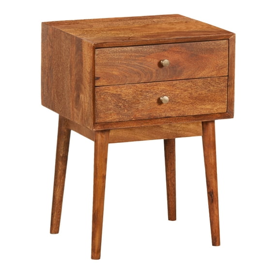 Nali Bedside Nightstand Table, 2 Drawers, Natural Brown Mango Wood, Brass Knobs
