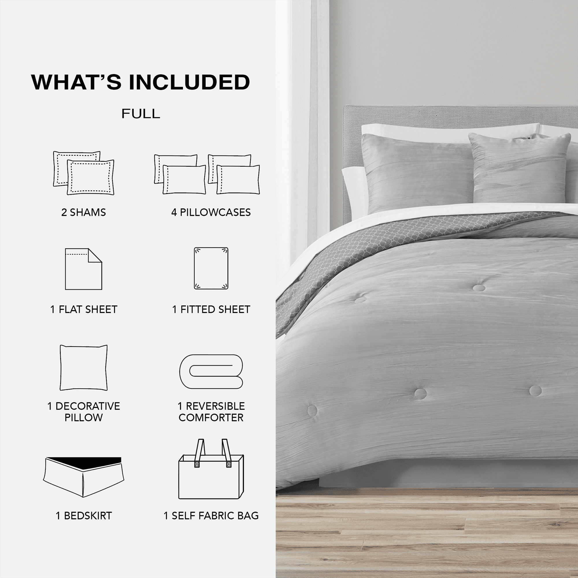 Mainstays 11-Piece Bed in a Bag Comforter Set with Sheets, Gray Crushed Velvet, Full, Unisex