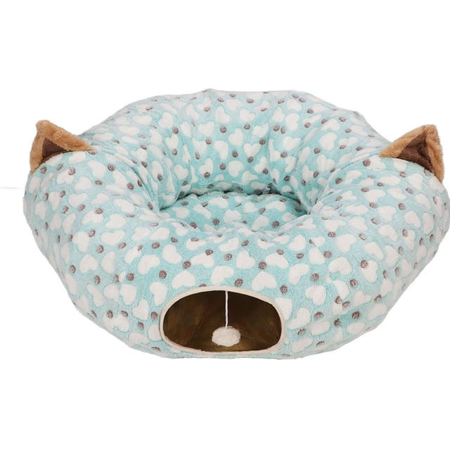 Cama túnel para gatos con tapete, patrón de corazón, cama redonda plegable de 3 vías para gatos con pelota de juego para gatos y gatitos, color azul