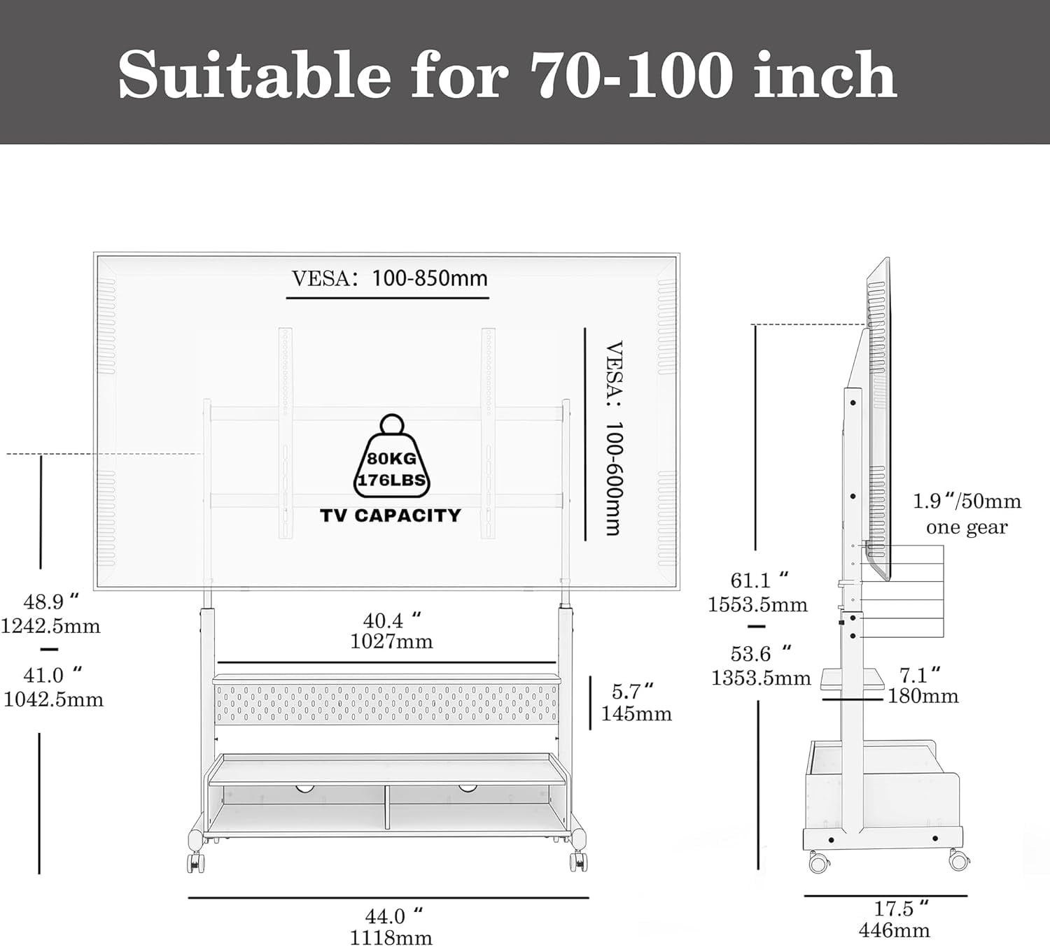 FITUEYES Rolling TV Stand for 70–100 Inch TVs, Black & Walnut, Wood Shelf & Pegboard