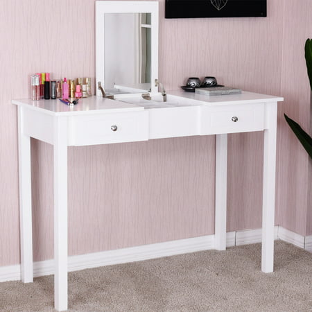 Costway Vanity Table Dressing Table Flip Top Desk Mirror 2 Drawers Furniture White