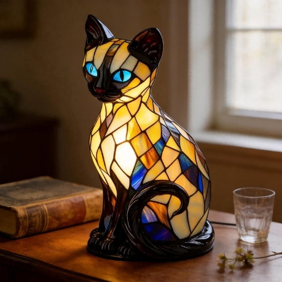 Vintage Stained Glass Cat Lamp,Whimsical Witch Cat Night Light,Tiffany Style Blacks Cats Table Lamp,Handmade Resin LED Halloween Decor(D)