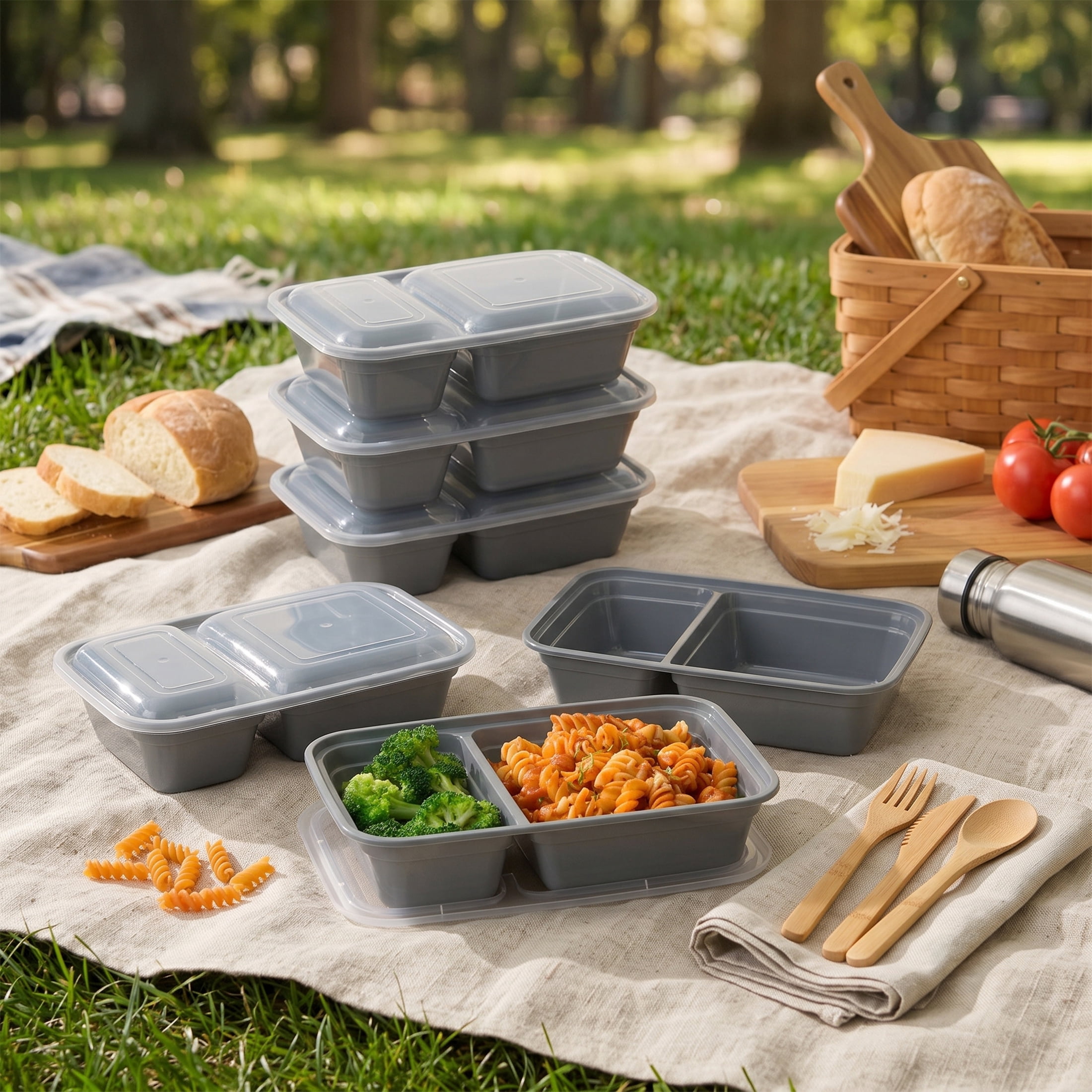 Mainstays 5-Pack 2-Compartment BPA-Free Plastic Meal Prep Food Storage Containers, 0.9L, Soothing Grey