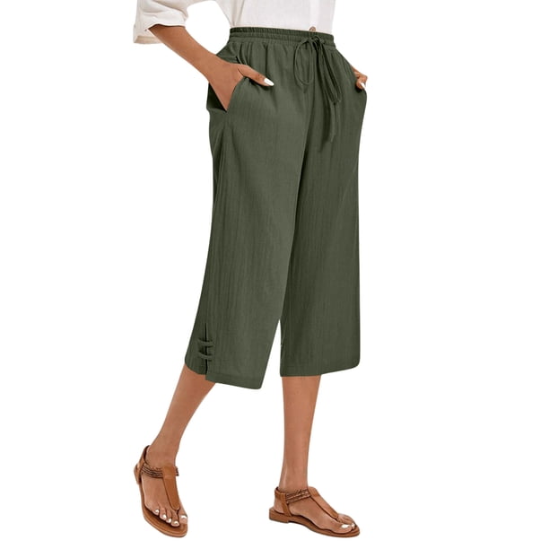 Pantalones Elásticos de Cintura para las Mujeres Pantalones de Cordón de Estilo de Lino, Pantalones Casuales de Color Sólido con Bolsillos para el Verano