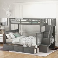 Stairway Twin-Over-Full Bunk Bed with Drawer, Storage and Guard Rail for Bedroom, Dorm, for Kids, Adults, Gray color
