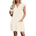 thumbnail image 5 of Dolkfu Refined Dresses for Women Trendy 1/4 Sleeve V-Neck Beige Mini A-Line Dresses Solid Modern Romance Relaxed Fit Dresses Beige,L, 5 of 6
